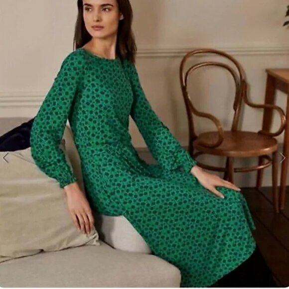 Boden Evelyn Jersey Midi Dress Size 4 Sapling Leafy Bud Green Blue Preppy Twee - Picture 1 of 11